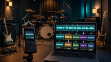 A band rehearsal being recorded while a long waveform is divided and organized by song and take