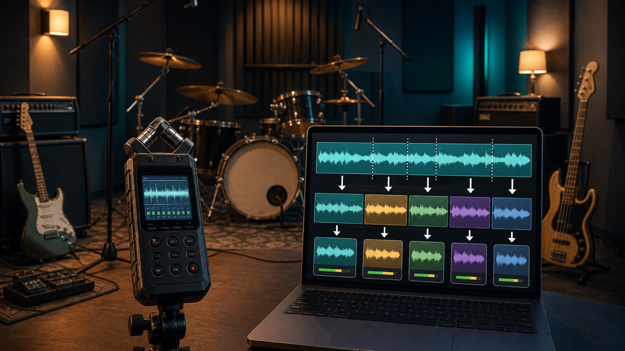 A band rehearsal being recorded while a long waveform is divided and organized by song and take