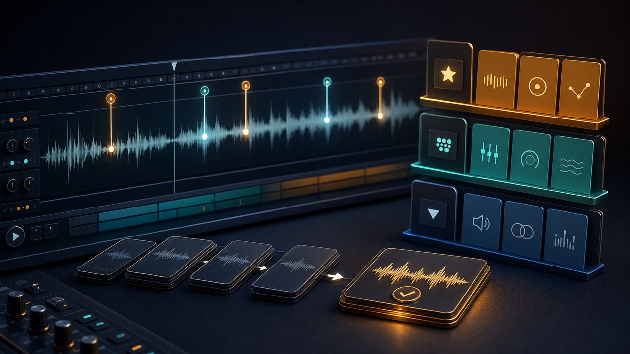 A screen organizing waveform time markers, revision items by priority, and mix versions