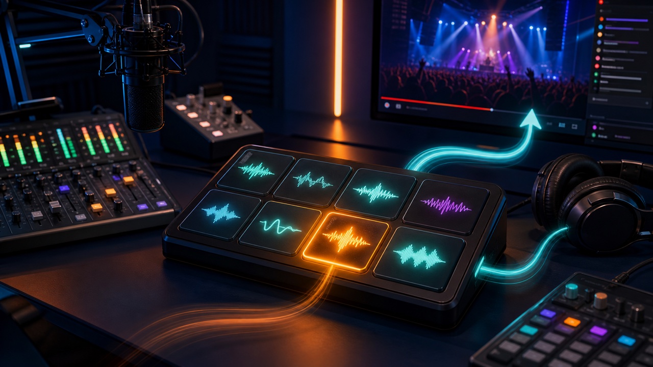 Interface selecting and playing several jingles and sound effects from a live-streaming soundboard