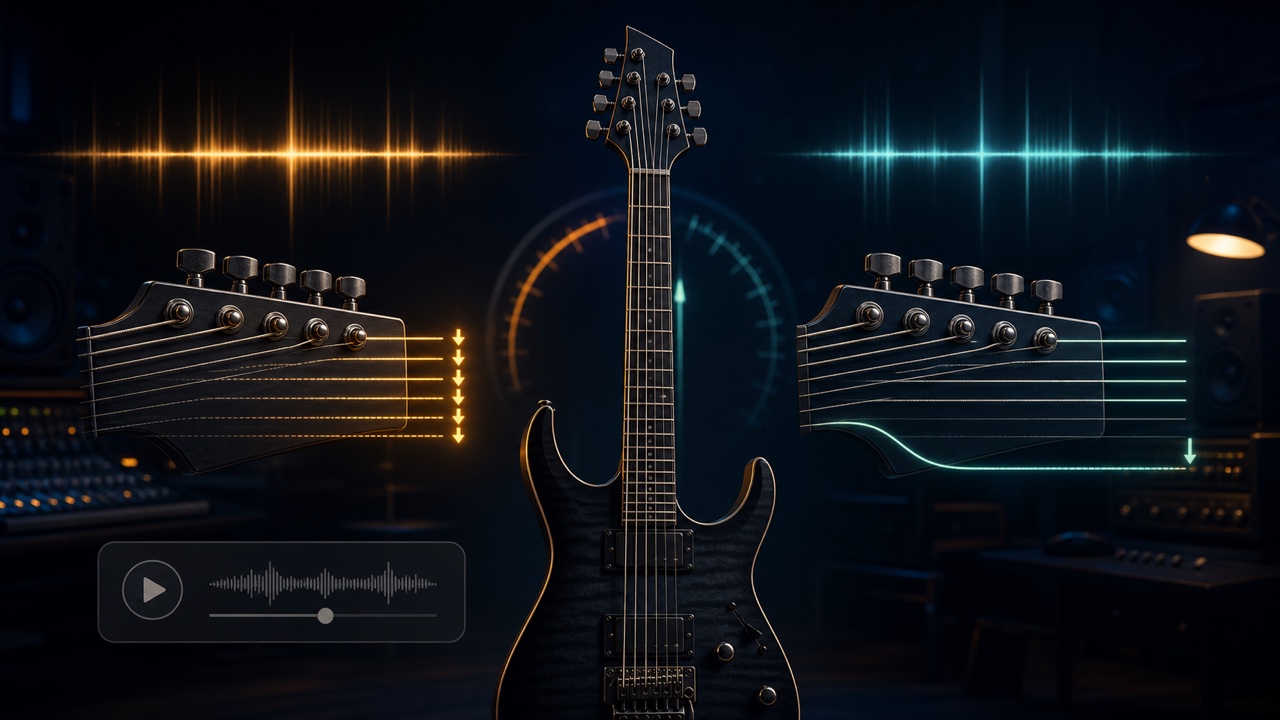 Comparison of tuning every guitar string down a half step and lowering only the lowest string for a drop tuning