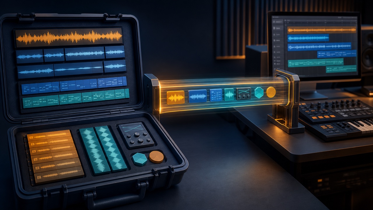 音声、MIDI、ステム、設定を整理したプロジェクトが別の制作環境へ渡る画面