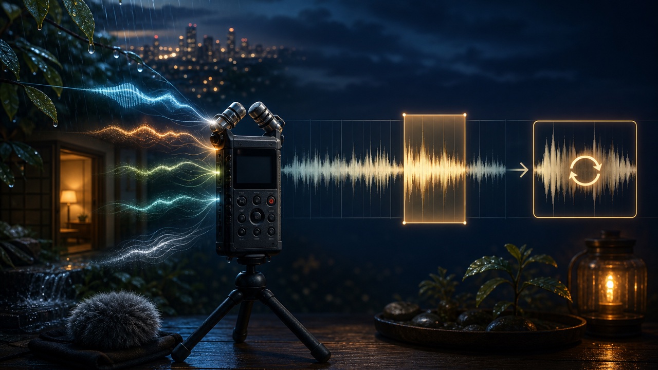 Interface recording rain and city ambience with a field recorder, trimming the needed waveform, and preparing it as a loop