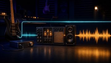 Signal flow showing a clean guitar DI signal passing through an amp and cabinet to create the processed tone