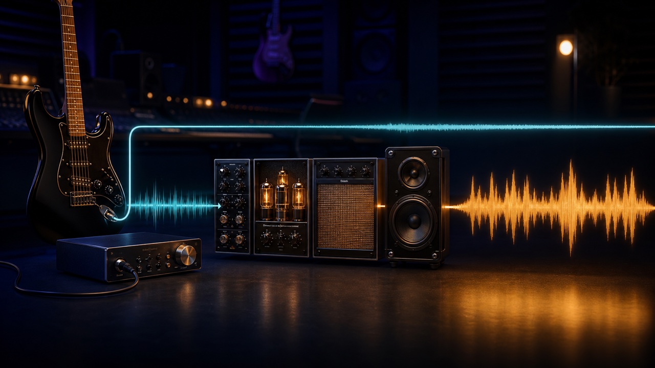 Signal flow showing a clean guitar DI signal passing through an amp and cabinet to create the processed tone