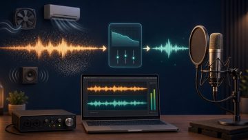 A home recording setup reducing air conditioner and computer fan noise while cleaning up a voice waveform