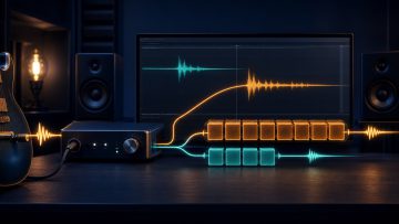 Comparison of signal paths showing a guitar input returning with delay through an audio interface and buffer
