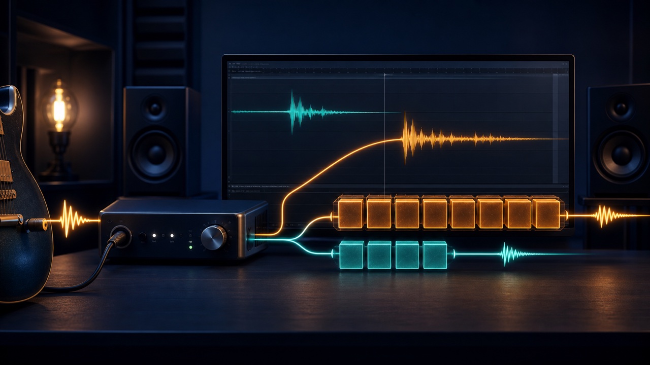 Comparison of signal paths showing a guitar input returning with delay through an audio interface and buffer