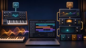 A music production setup illustrating the roles of software instruments and effect plug-ins