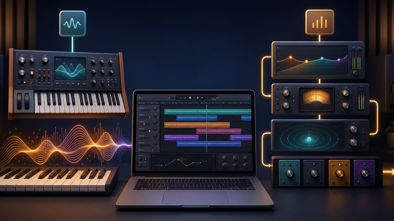 A music production setup illustrating the roles of software instruments and effect plug-ins