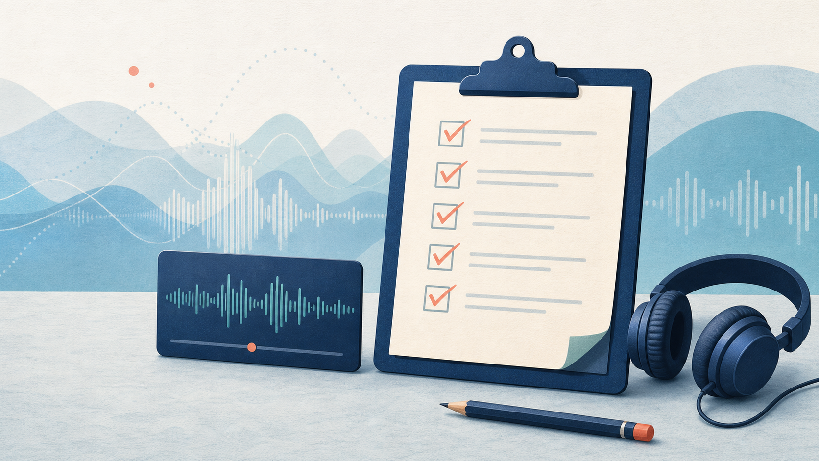 Checklist and audio waveform illustration for reviewing audio asset terms of use