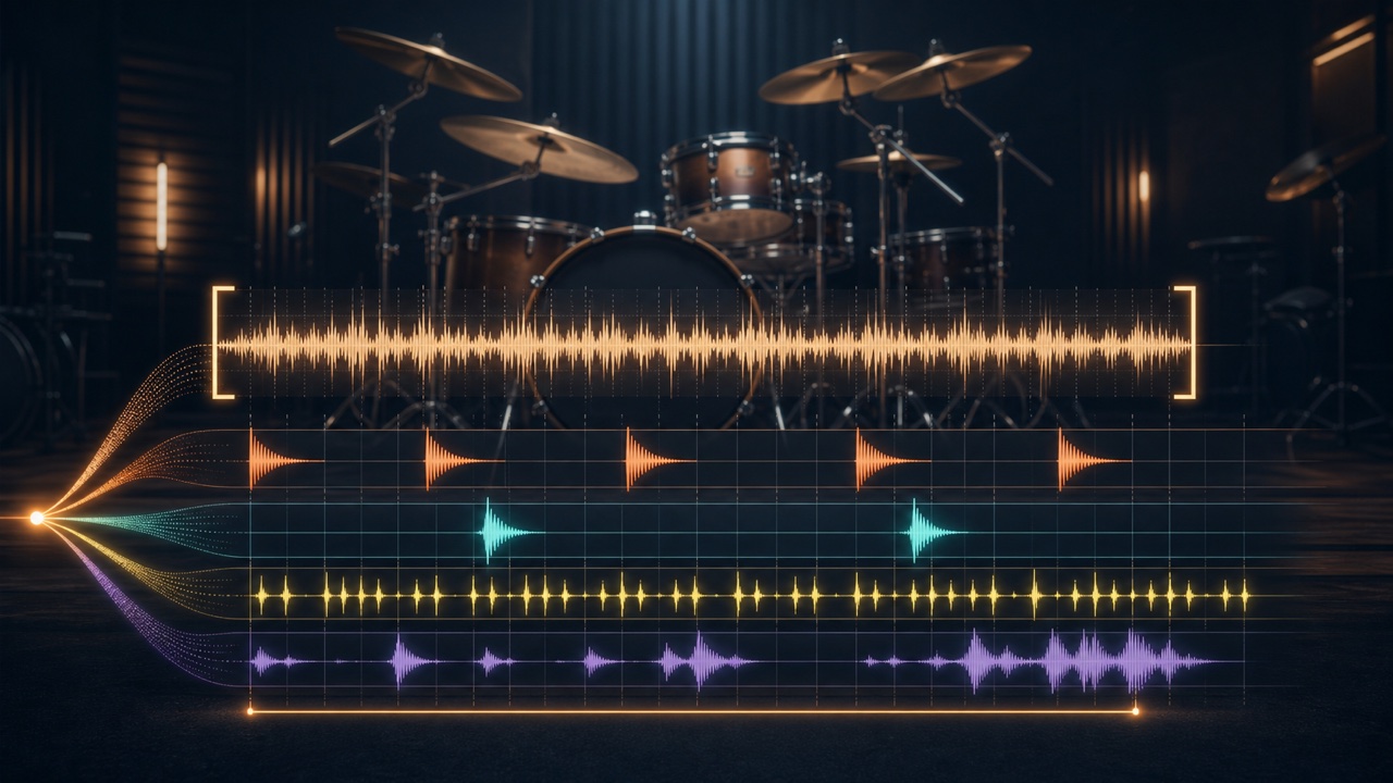 Breaking down a drum waveform into kick, snare, hi-hat, and fill parts for transcription by ear