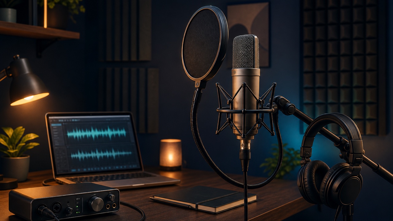 Vocal recording setup with a microphone, pop filter, headphones, and audio interface